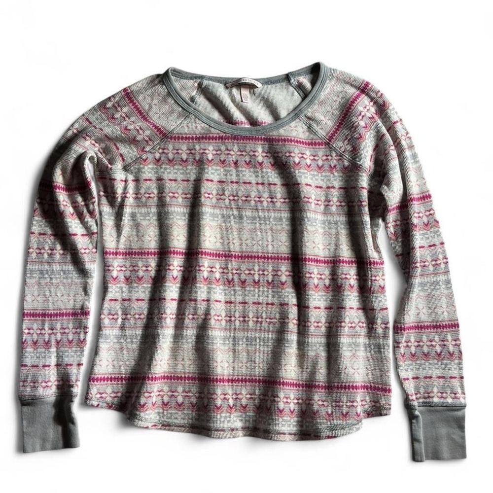 Victorias Secret Pink Gray Nordic Fair Isle Thermal Long Sleeve Top Pajama Shirt